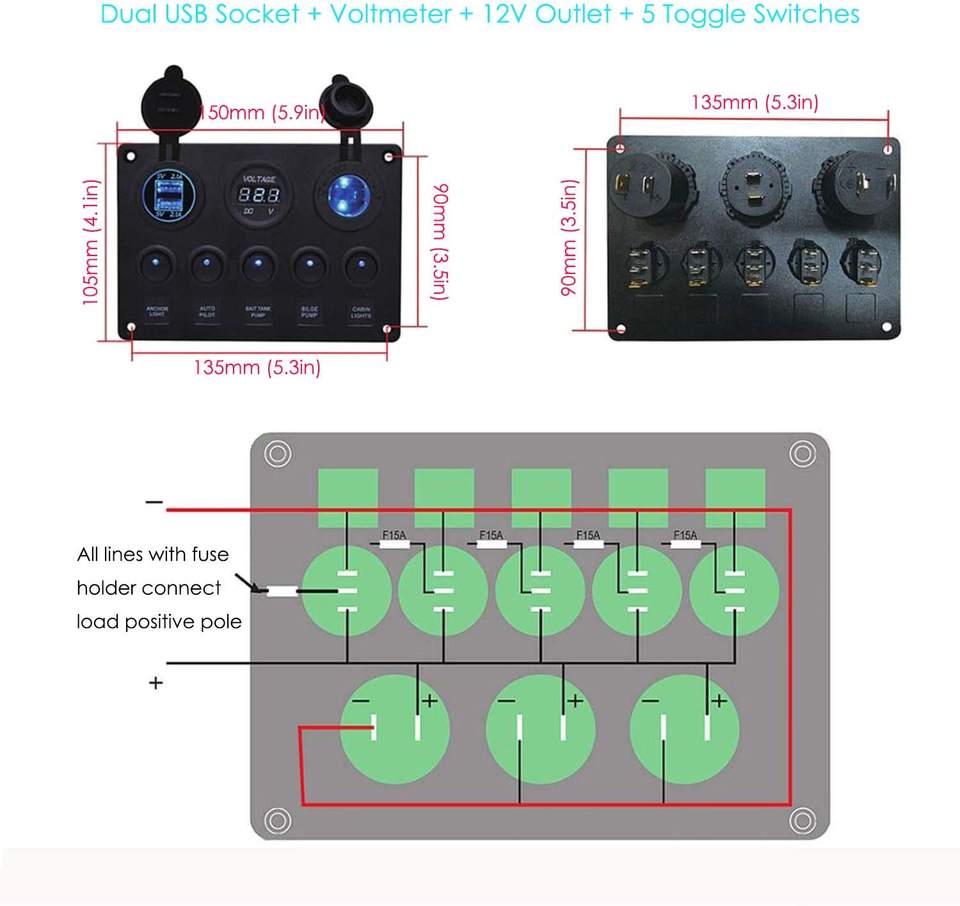 5 Gang Round Rocker Switch Panel with Dual USB, Voltmeter & Power Socket