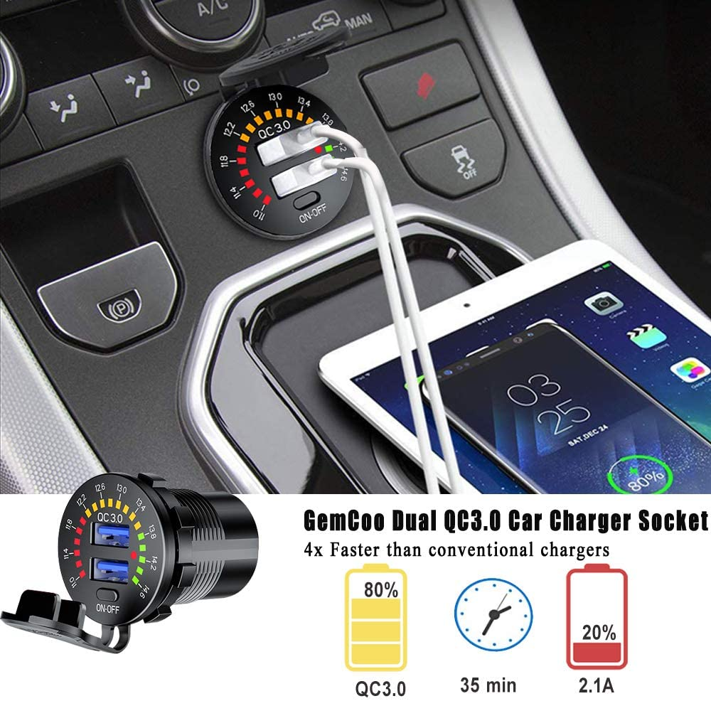 Dual Qc3.0 Usb Charger With Led Digital Voltmeter &amp; On/off Switch