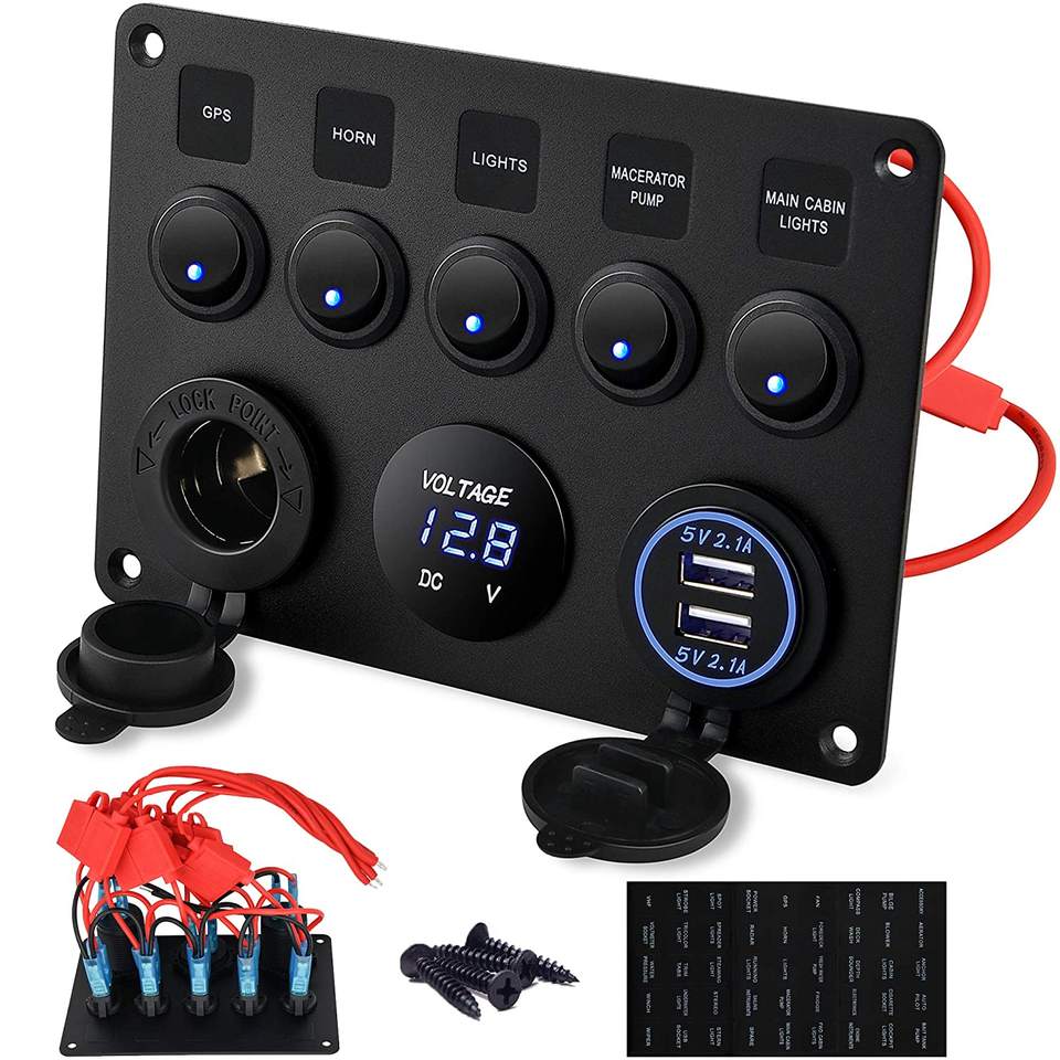 5 Gang Round Rocker Switch Panel with Dual USB, Voltmeter &amp; Power Socket