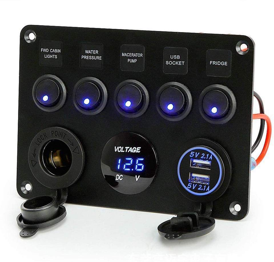 5 Gang Round Rocker Switch Panel with Dual USB, Voltmeter &amp; Power Socket