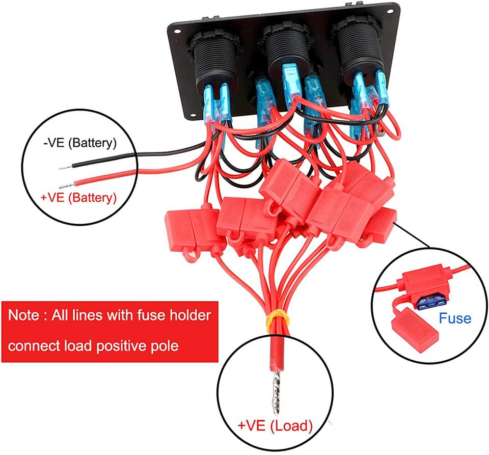 5 Gang Round Rocker Switch Panel with Dual USB, Voltmeter & Power Socket