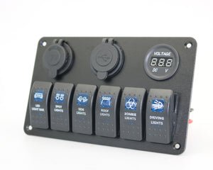 6 gang switch panel, with 12V power socket, voltmeter and 2.1A dual USB charger, blue LED - the4x4store.co.za