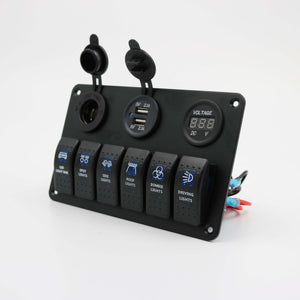 6 gang switch panel, with 12V power socket, voltmeter and 2.1A dual USB charger, blue LED - the4x4store.co.za
