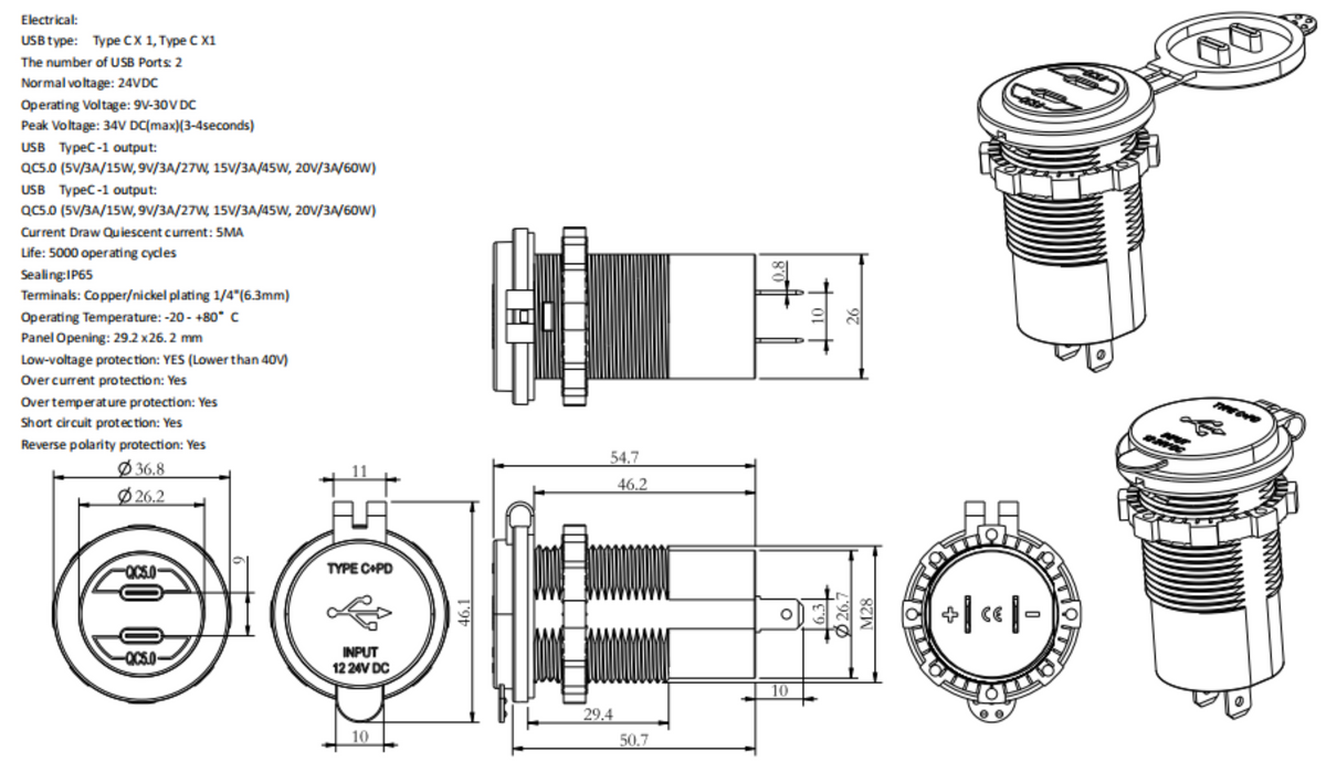 Dual QC5.0 Type-C USB Socket Charger - Blue LED