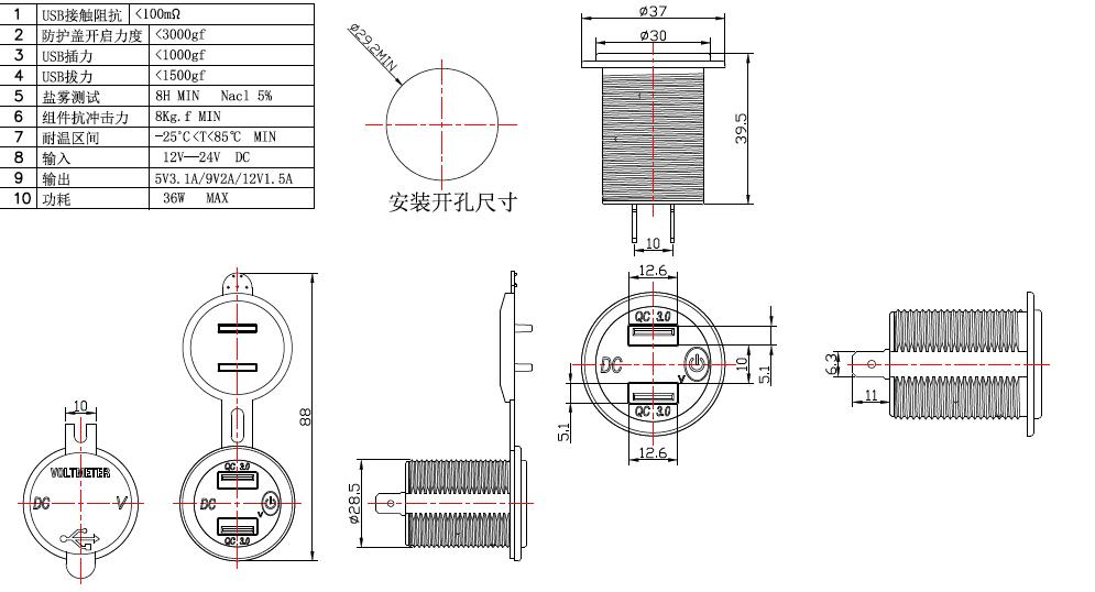 Dual USB QC3.0 Socket Charger With Voltmeter &amp; On/Off Switch - Blue LED