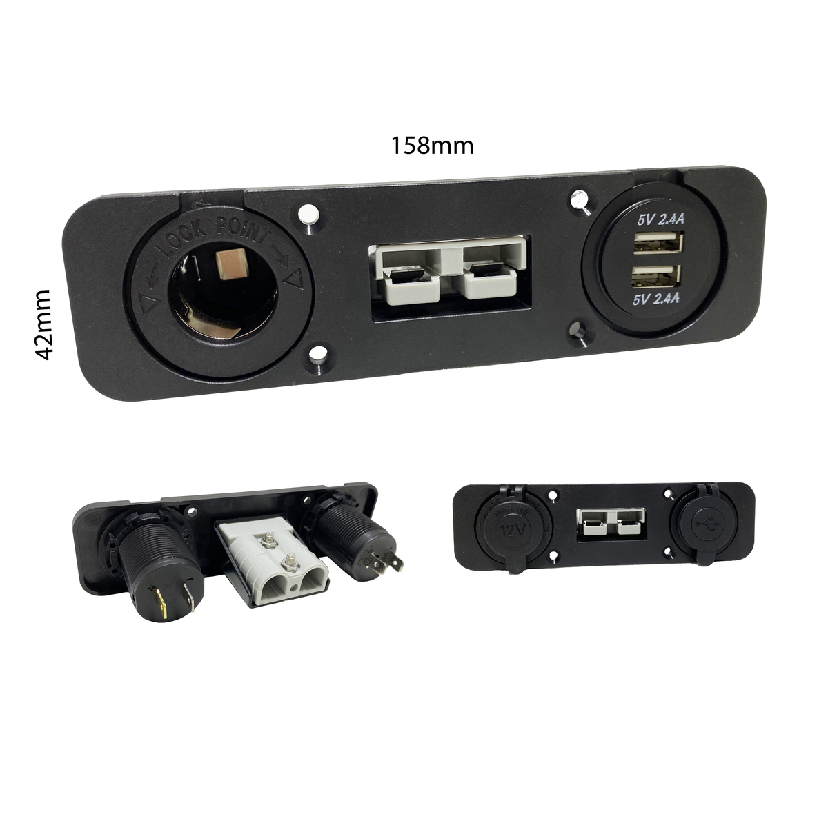 Square Brad Harrison Connector Panel With 12V Cigarette Lighter Socket &amp; Dual 2.4A Usb