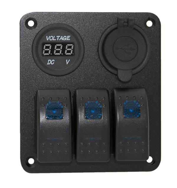 3 Gang Switch Panel With Blue Voltmeter And 3.1A Dual Usb Charger Blue Led Multi